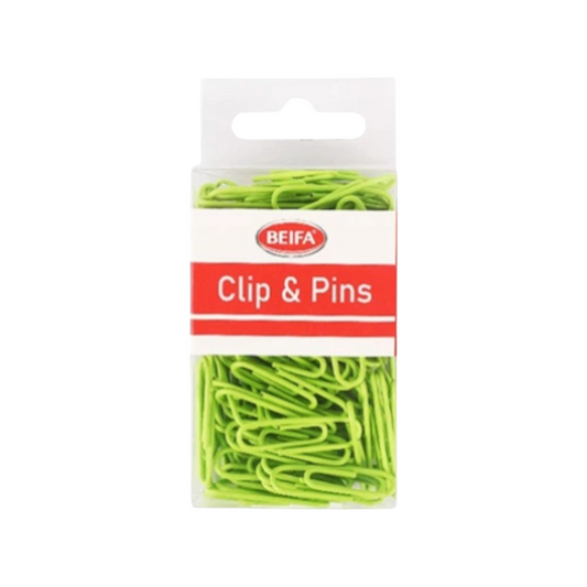 Elite Stationery House Beifa 50mm green paper clips in a clear plastic storage box