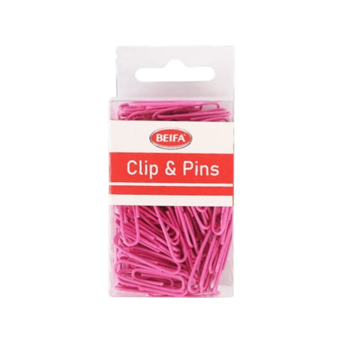 Elite Stationery House Beifa 50mm pink paper clips in a clear plastic storage box