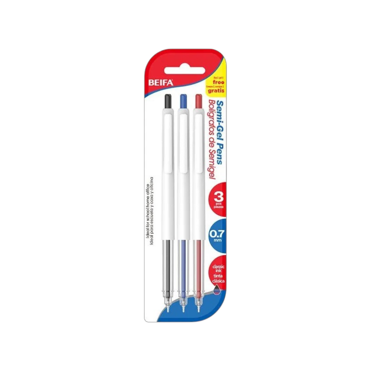 Elite Stationery House 3-piece semi-gel pen set with black, blue, and red ink and 0.7 mm tips in retail packaging.