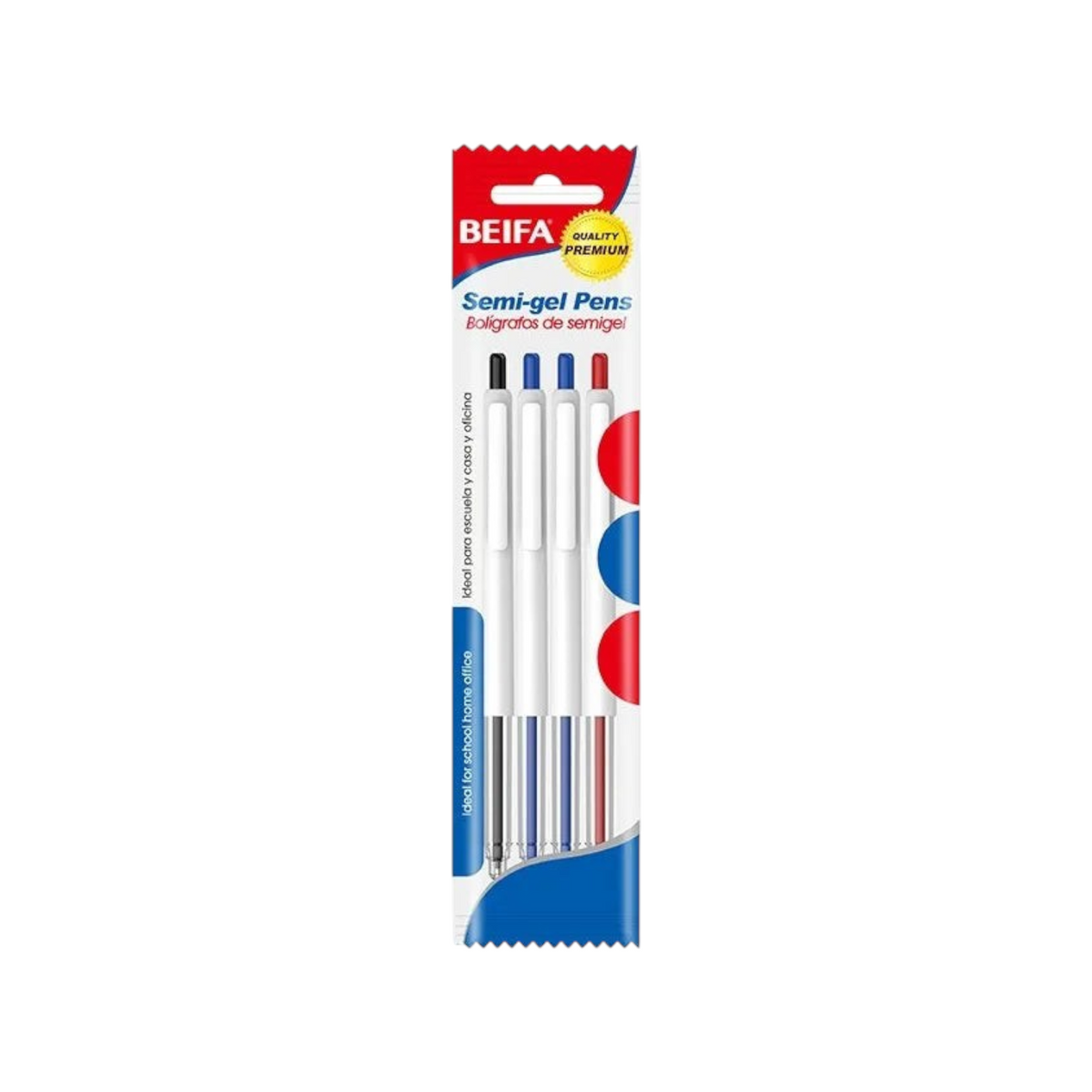 Elite Stationery House Beifa semi-gel pen set with 4 assorted color pens featuring 0.7 mm tips in retail packaging