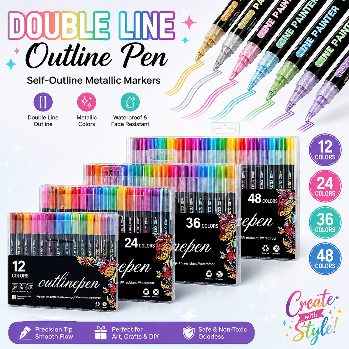 Double Line Outline Pen, Self-Outline Metallic Markers, 12/24/36/48 Colors