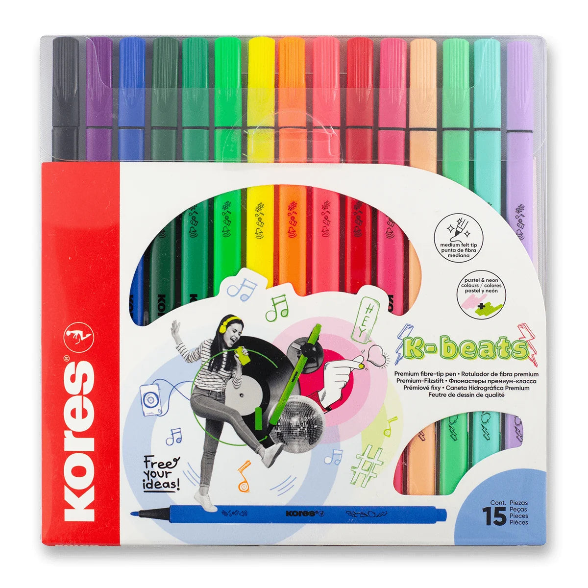 Kores K-Beats felt-tip pens – medium tip (M) – 15 colors (incl. 4 pastel and 3 neon)