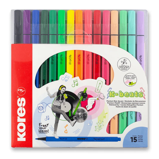 Kores K-Beats felt-tip pens – medium tip (M) – 15 colors (incl. 4 pastel and 3 neon)