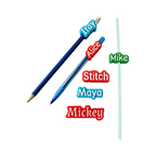 Elite Stationery House personalized 3D-printed colorful name tags for pencils and drinking straws on white background