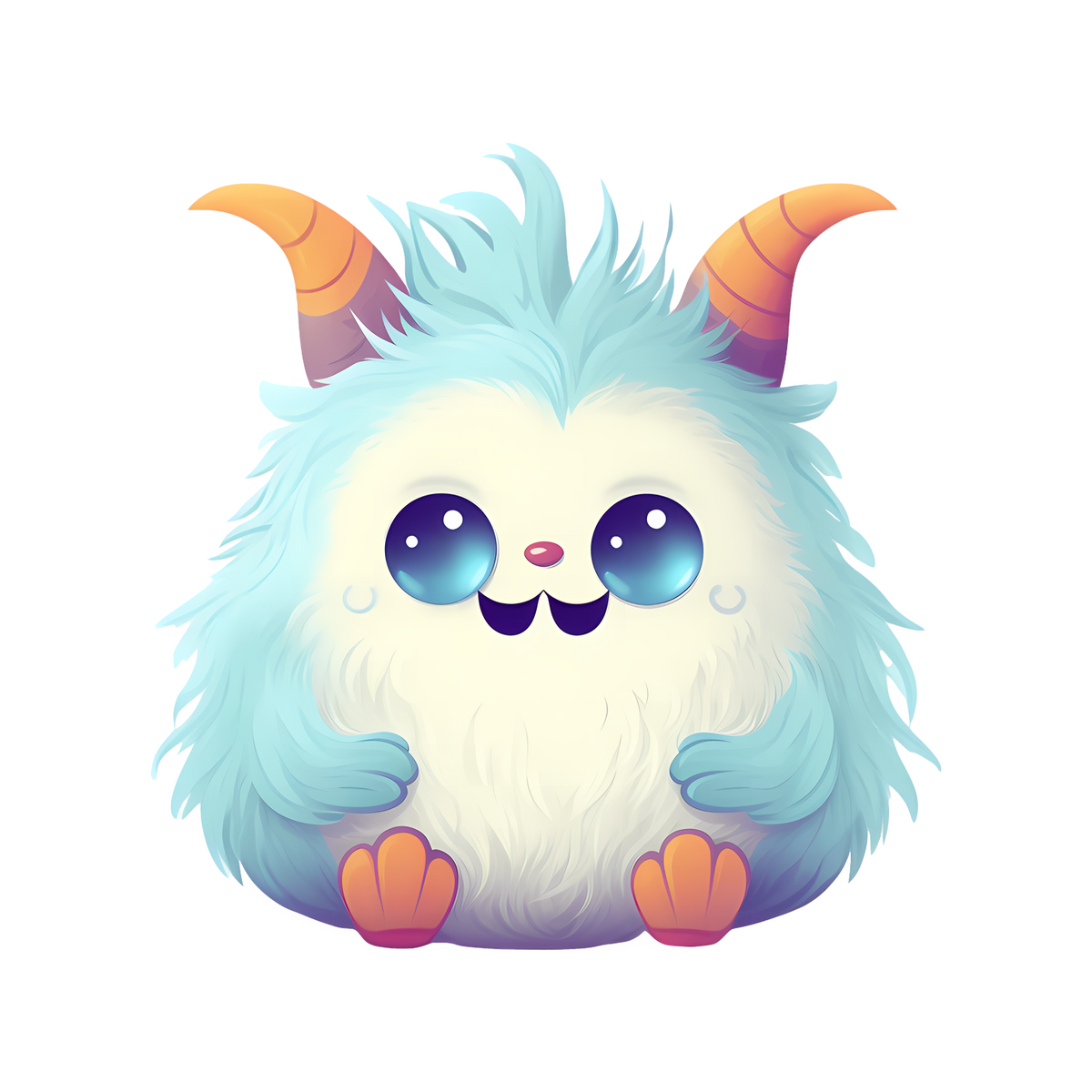 Elite Stationery House fuzzy monster sticker with blue fur, large eyes, and orange horns on a white background