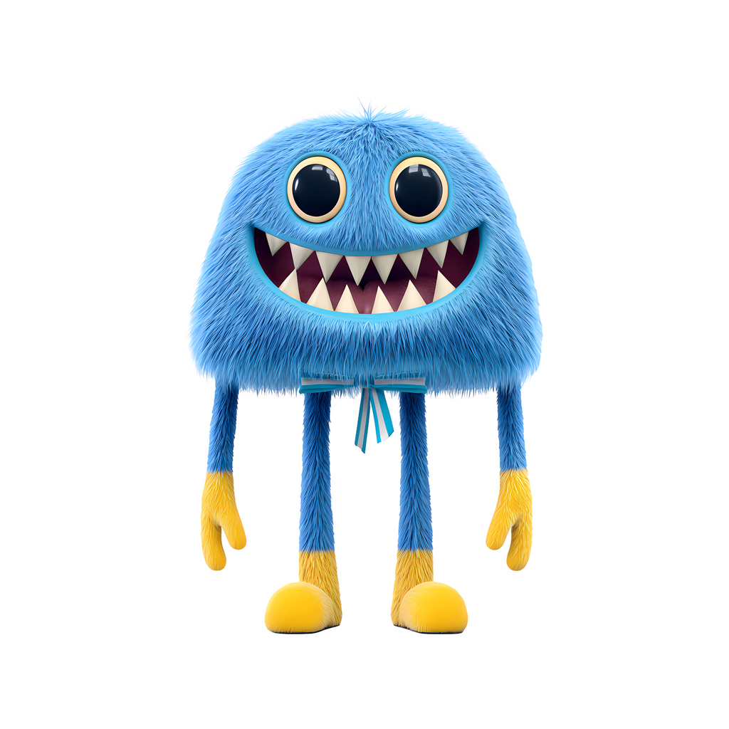 Elite Stationery House fuzzy blue monster sticker with yellow hands and feet and a wide toothy grin