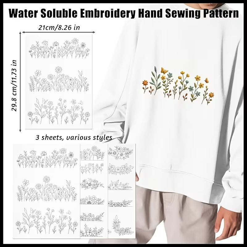 Water-Soluble Embroidery Stabilizer, Pack of 3 Floral Designs, Suitable for Embroidery Patterns,
