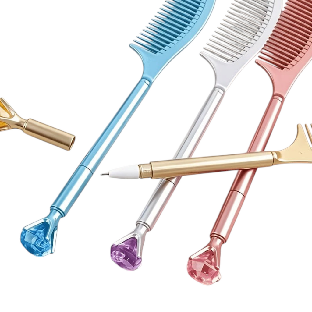 Elite Stationery House comb pens in blue, white, and pink with decorative crystal-style toppers for office use