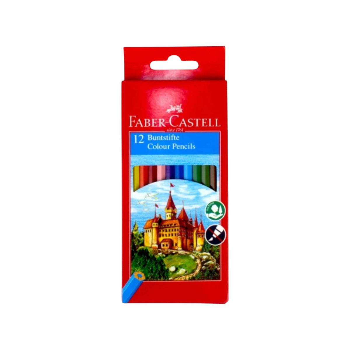 Elite Stationery House Faber-Castell 12-piece color pencil set in a red cardboard box with a castle illustration