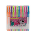 Elite Stationery House set of 12 neon and pastel gel pens in a clear plastic storage case with a cute bear label
