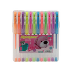 Elite Stationery House set of 12 neon and pastel gel pens in a clear plastic storage case with a cute bear label
