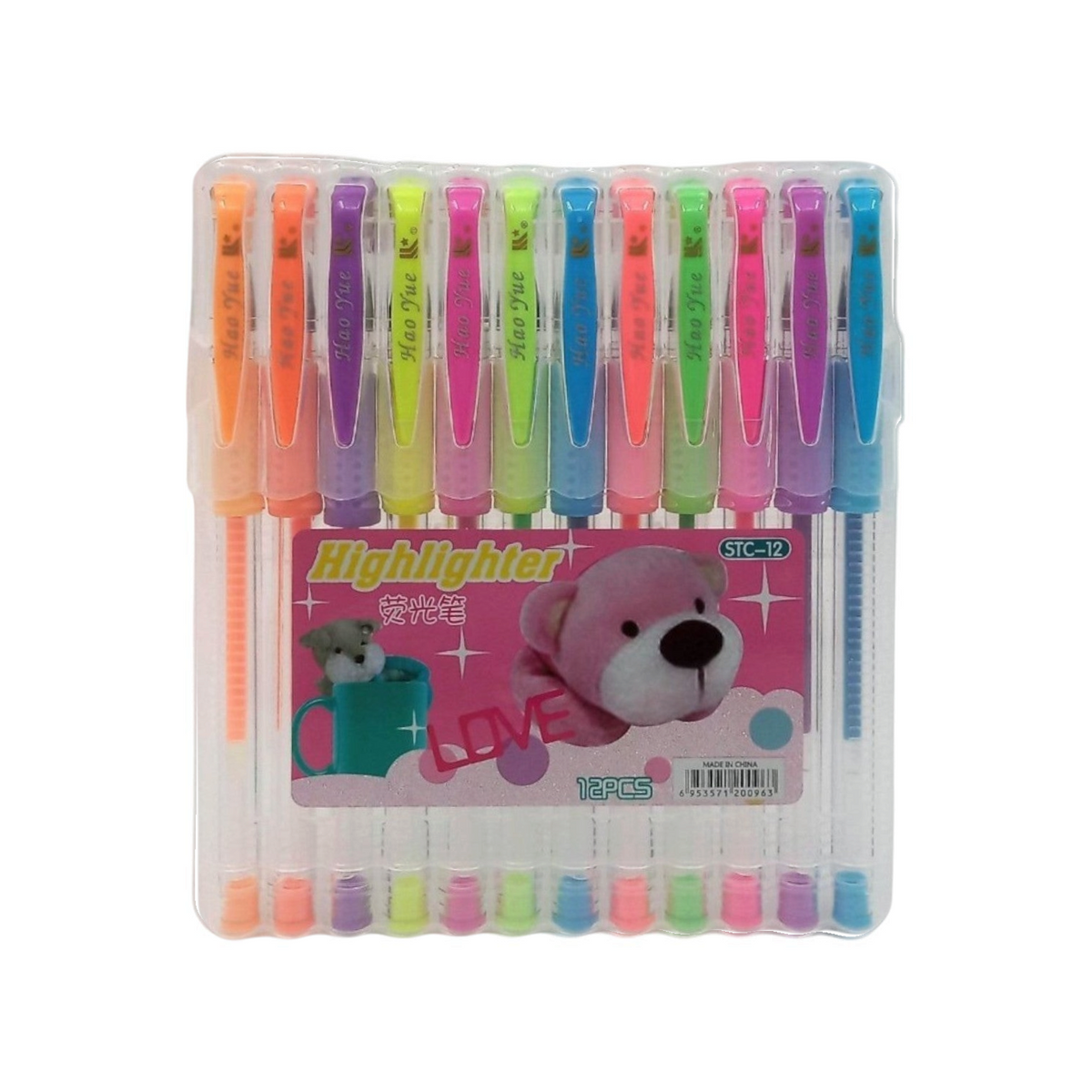 Elite Stationery House set of 12 neon and pastel gel pens in a clear plastic storage case with a cute bear label