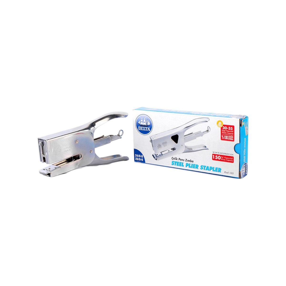 Elite Stationery House Delta 105 steel plier stapler in grey with its original product box