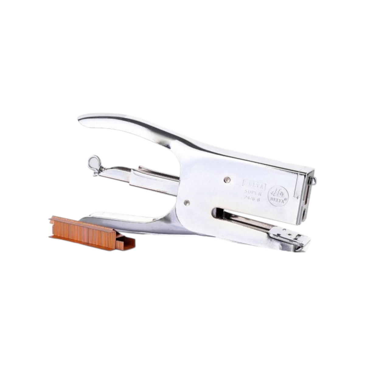 Elite Stationery House Delta 105 grey steel plier stapler with a row of staples for office and heavy-duty use