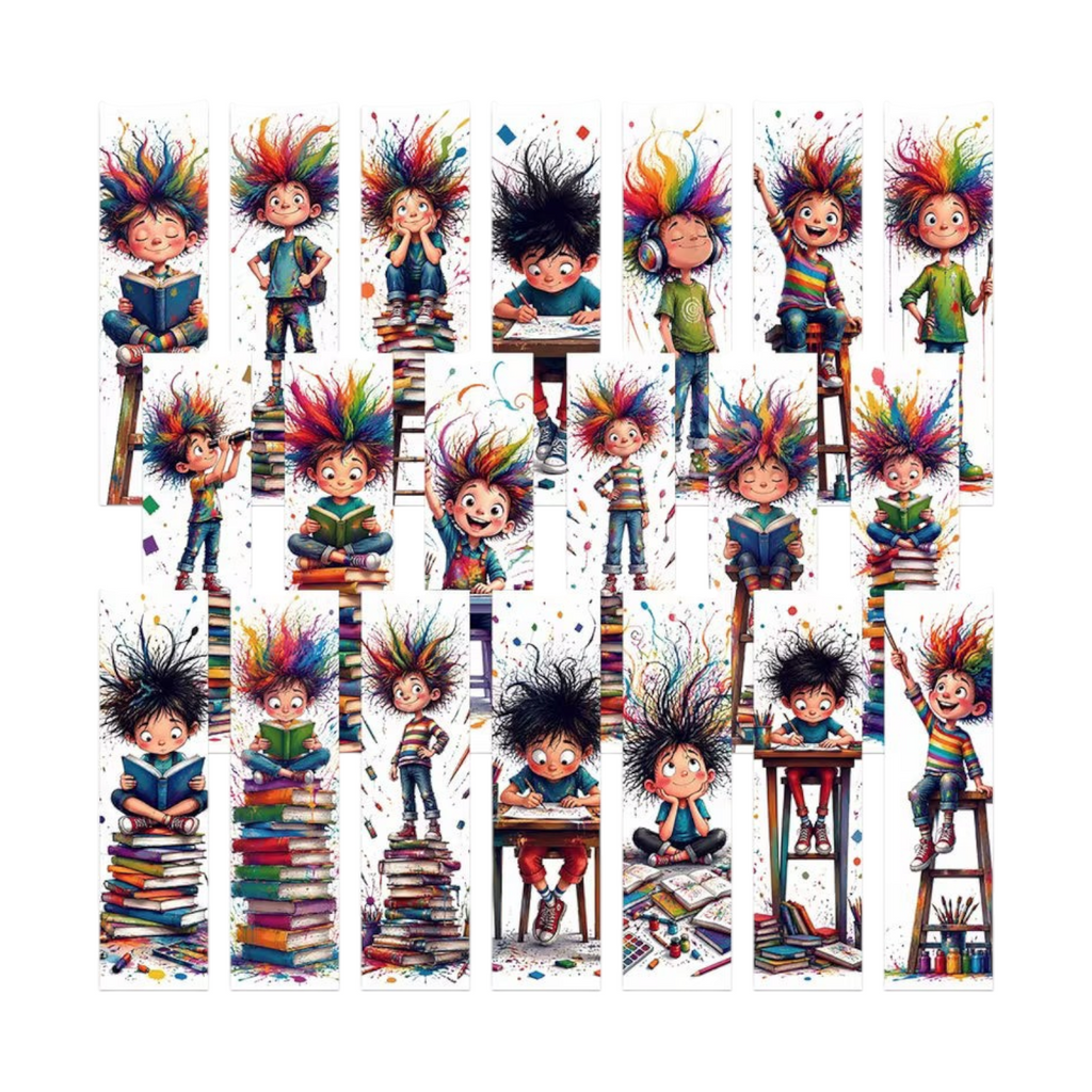 Elite Stationery House bookmark set featuring cute abstract illustrations of little boys with colorful messy hair