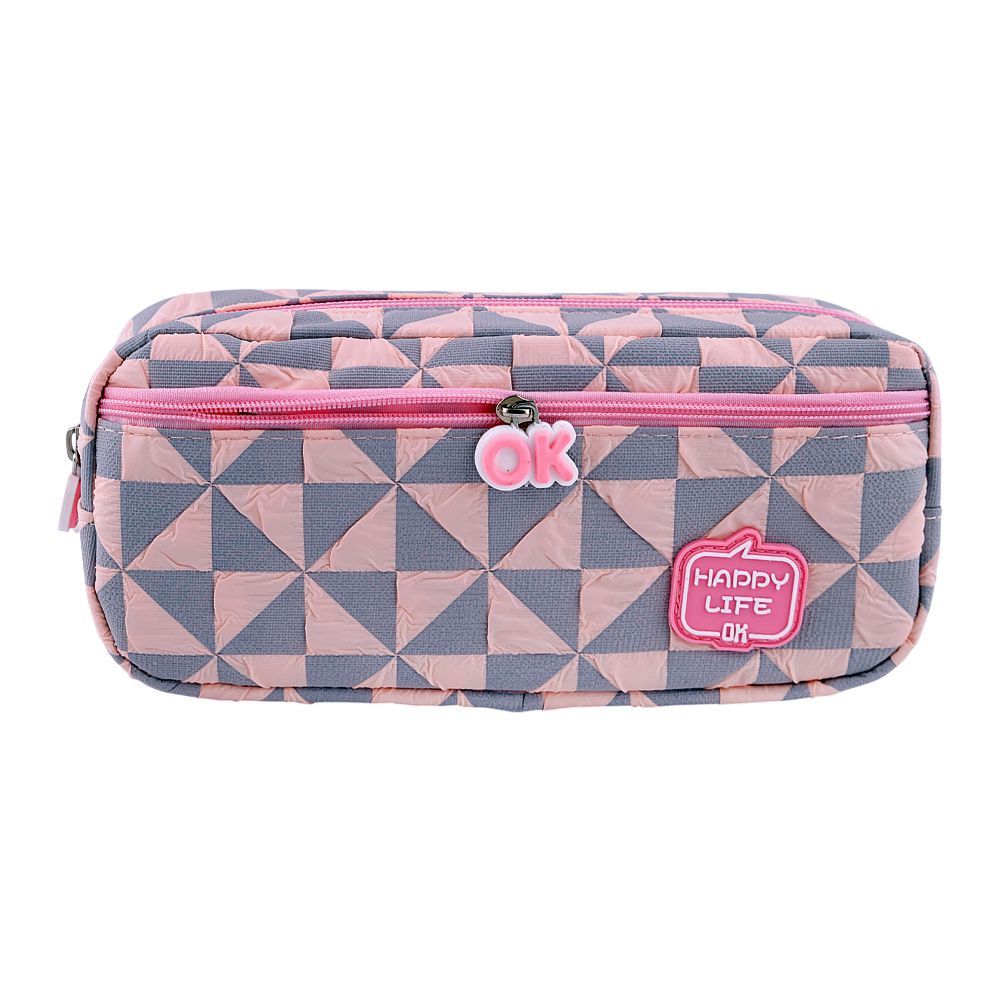 Happy Life Quilted Geometric Pencil Case – Large Capacity