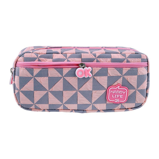 Happy Life Quilted Geometric Pencil Case – Large Capacity