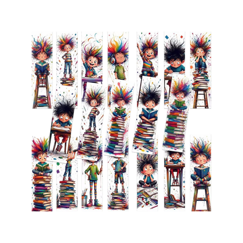 Elite Stationery House bookmark set featuring cute abstract little boy illustrations with colorful messy hair and books