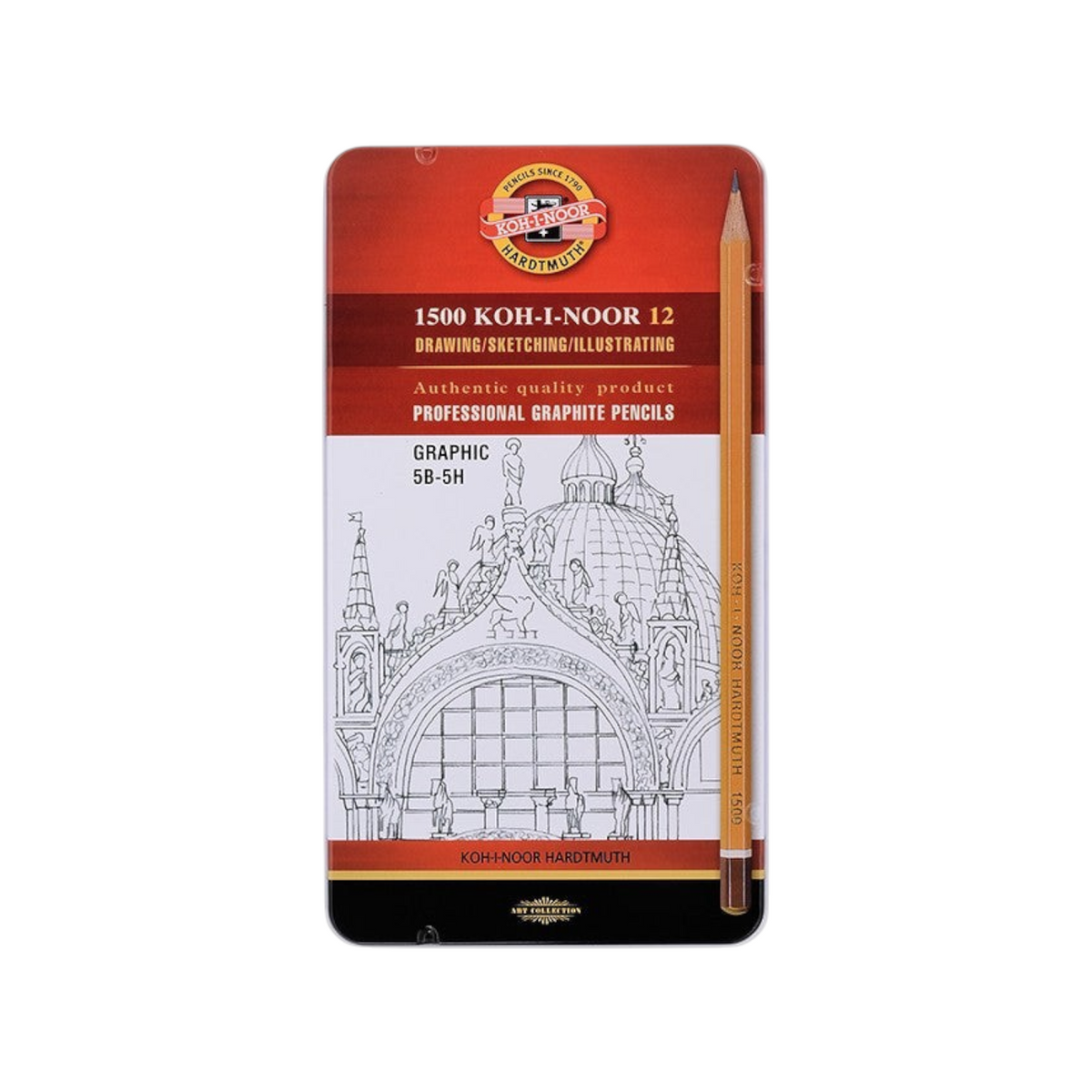 Elite Stationery House set of 12 Koh-I-Noor Technic hexagonal graphite pencils in a professional metal tin case