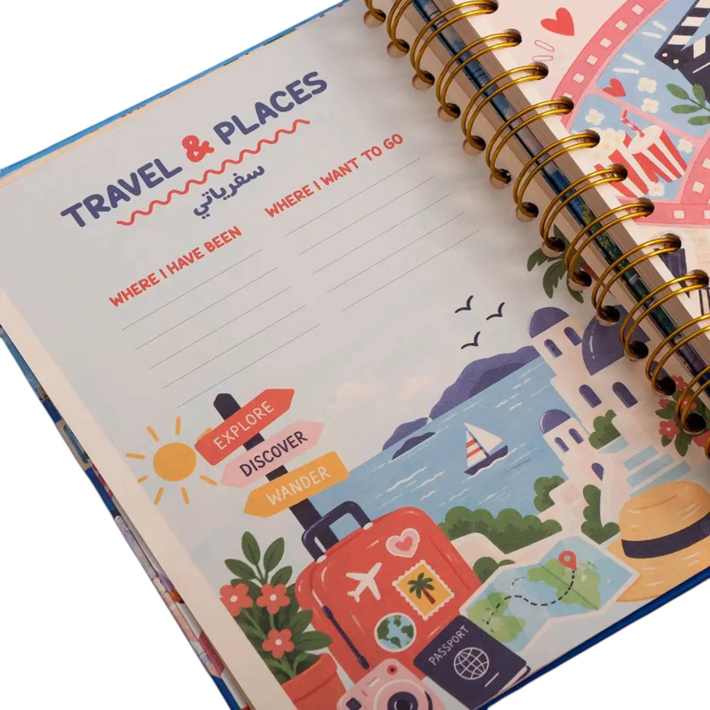Elite Stationery House 2027 daily agenda featuring a travel-themed page with colorful illustrations and wire binding.