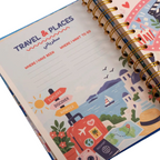 Elite Stationery House 2027 daily agenda featuring a colorful Travel and Places themed page with wire binding
