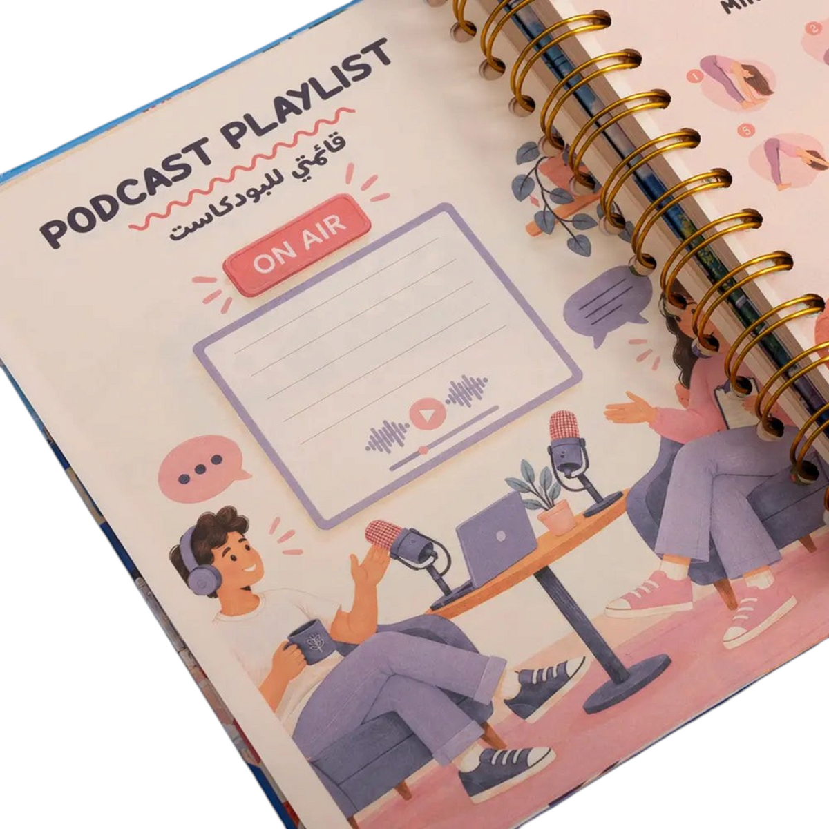 Elite Stationery House 2027 daily agenda featuring a podcast playlist page with illustrated characters and wire binding