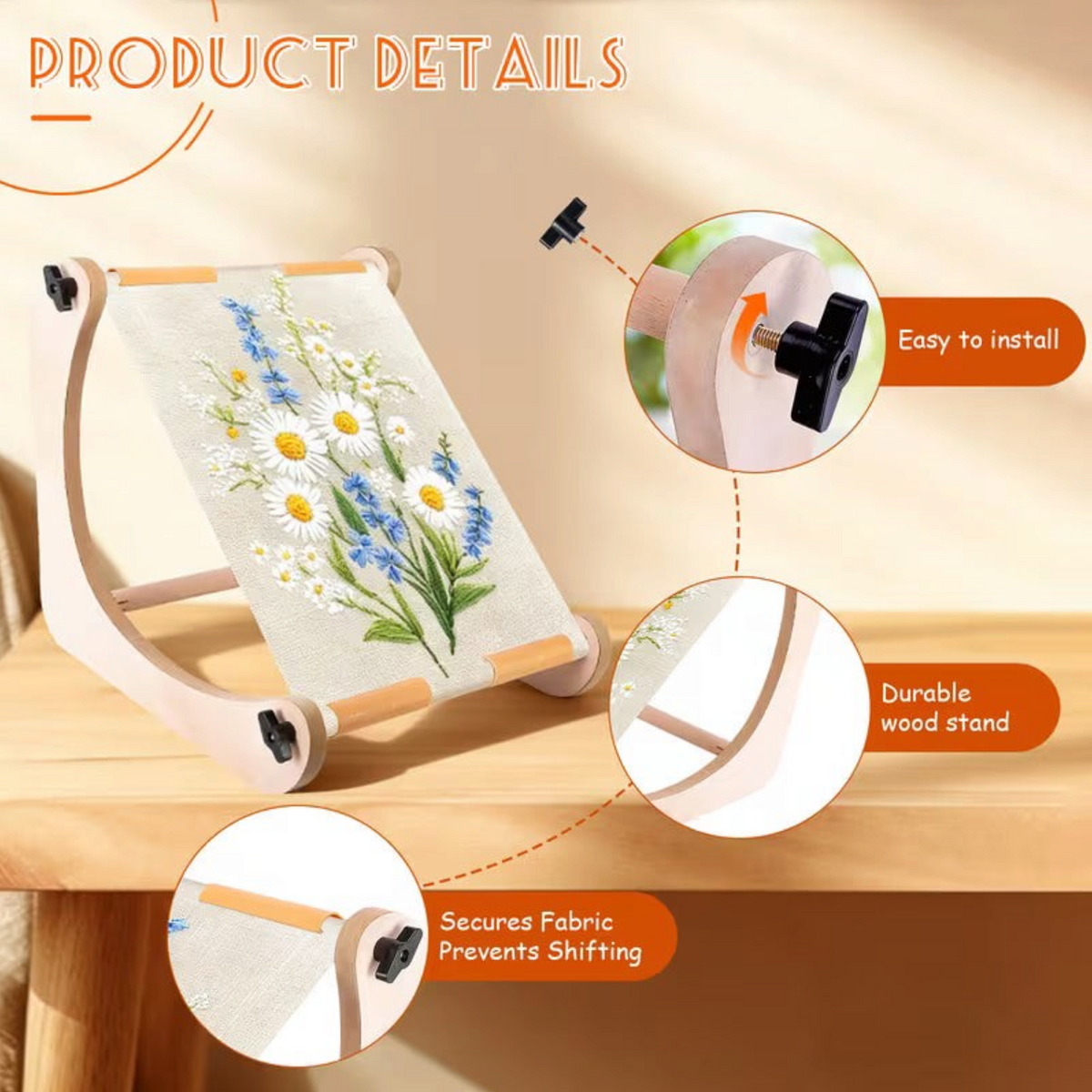 Elite Stationery House adjustable wooden embroidery stand with floral cross stitch fabric on a tabletop surface