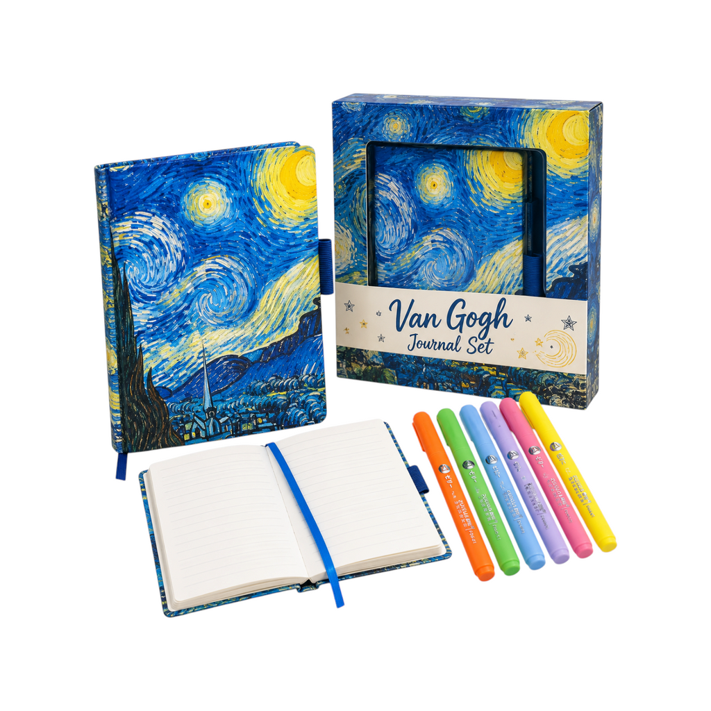Elite Stationery House Van Gogh journal set featuring a Starry Night notebook, fine rollerball pen, and neon markers.