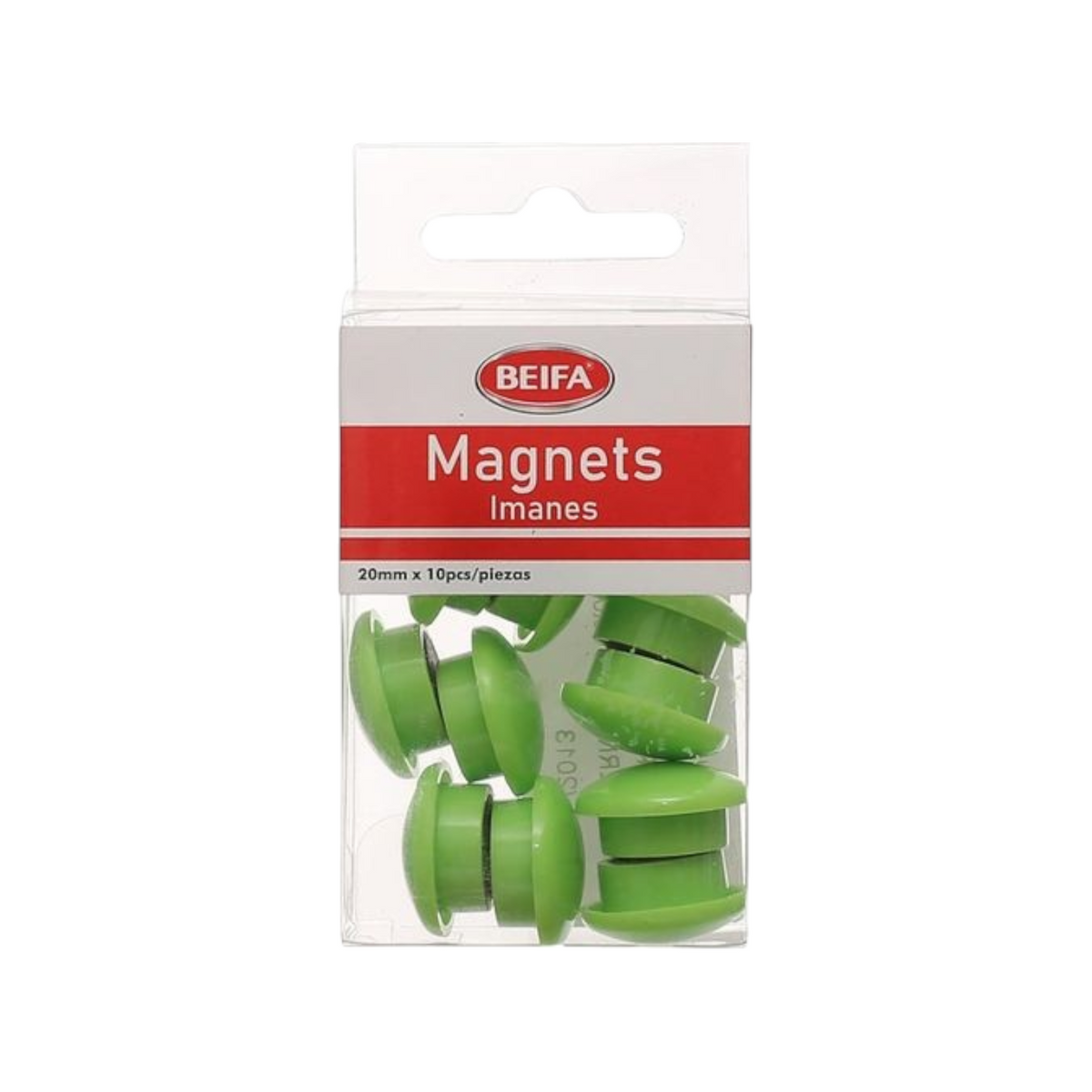 Elite Stationery House Beifa round green whiteboard magnets, 20mm diameter, pack of 10 in plastic packaging.