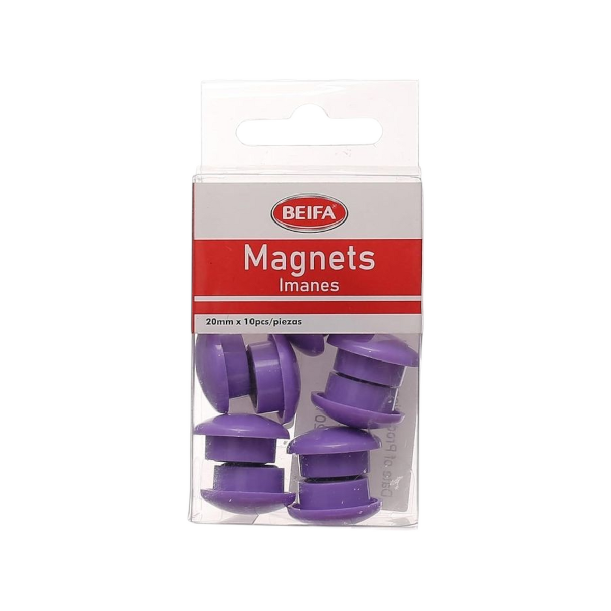 Elite Stationery House Beifa round purple whiteboard magnets in a 10-piece retail pack, 20mm diameter.