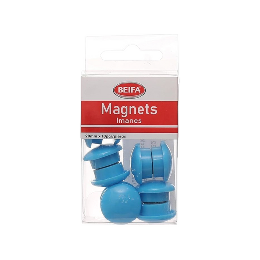 Elite Stationery House Beifa round blue whiteboard magnets, 20mm diameter, pack of 10 in clear plastic packaging.