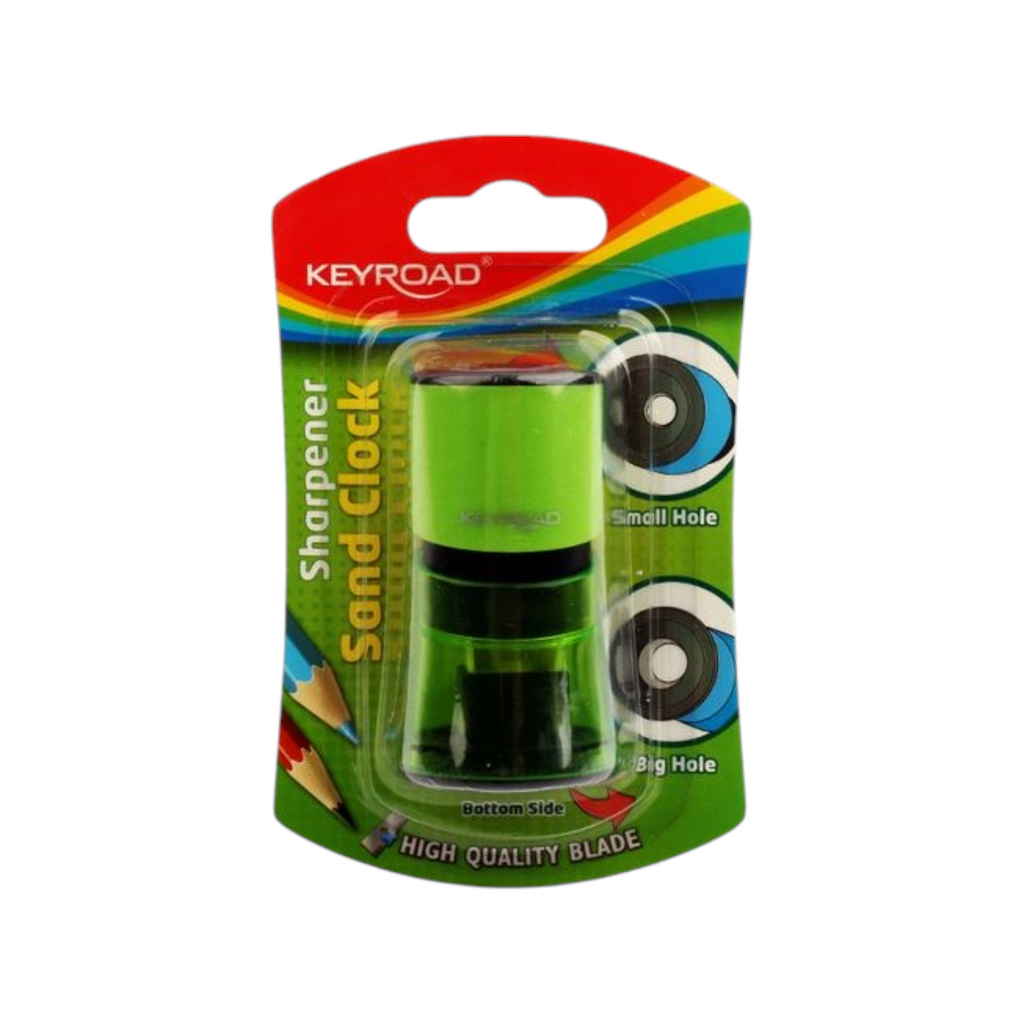 Elite Stationery House Keyroad Sand Clock pencil sharpener with a green plastic body and high quality blade