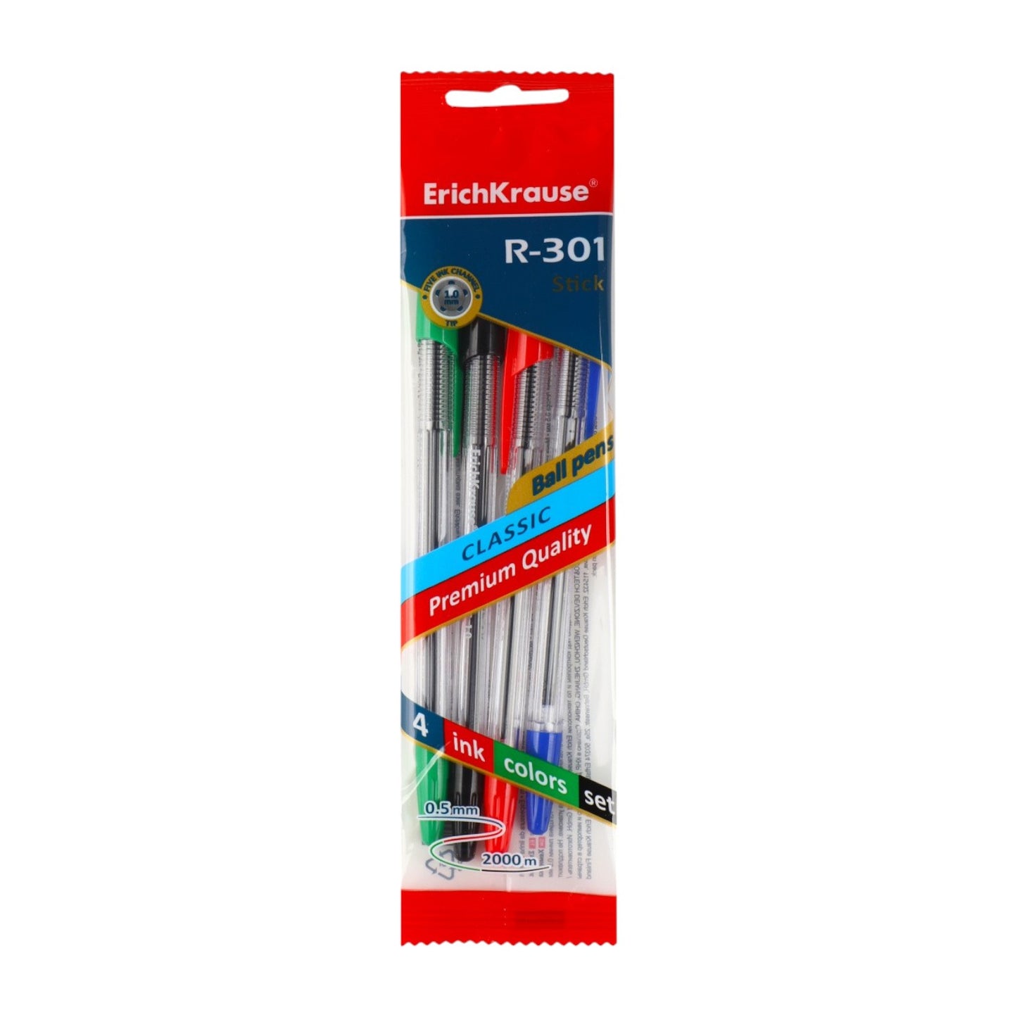Erich Krause Ballpoint Pen Set - 4 Pieces (red, blue, black, green) 0.7mm Model R301 Classic