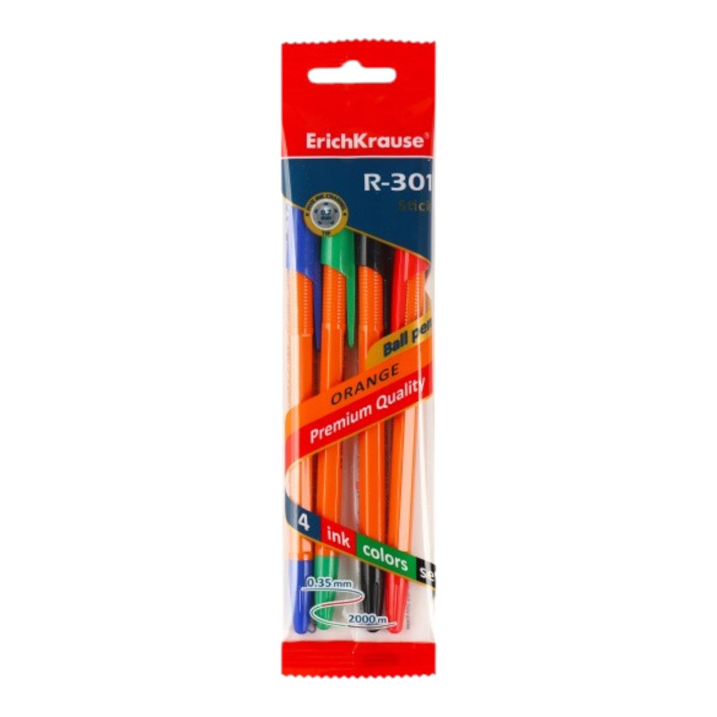 Erich Krause Ballpoint Pen Set - 4 Pieces (red, blue, black, green) - 0.7 mm Model R301 ORANGE