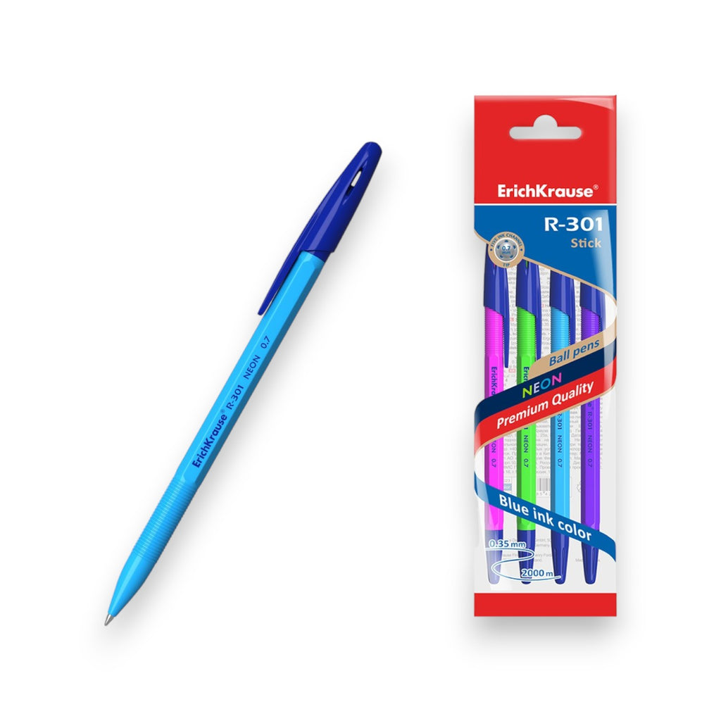 Erich Krause Ballpoint Pen Set - 4 Pieces (red, blue, black, green) 0.7mm - Model R301 NEON