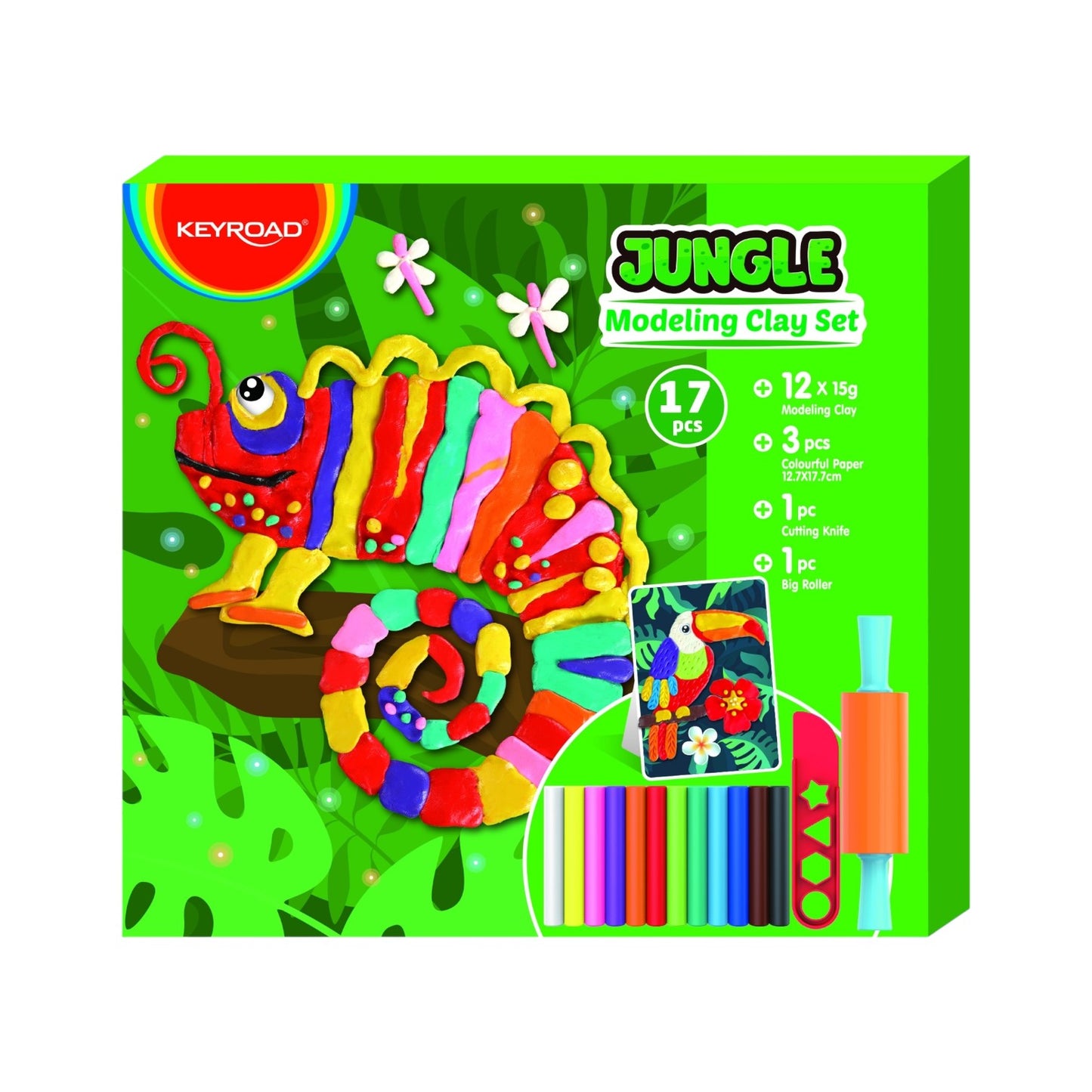 Keyroad Jungle Modeling Clay – 90g – Box of 12 Sticks + Rolling Pin + Shaping Knife