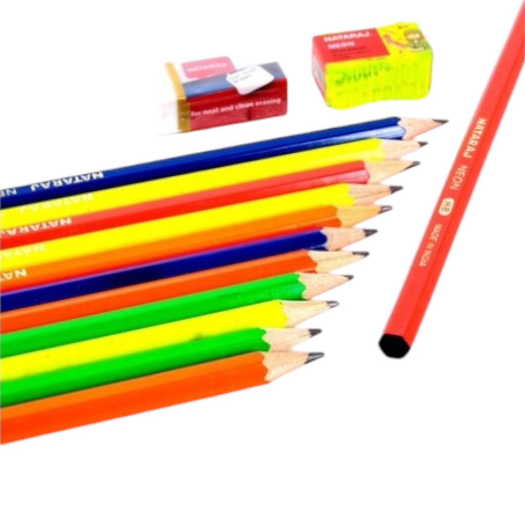 Nataraj Pencil with Eraser and Sharpener, 12 Pencils, HB, Assorted Colors