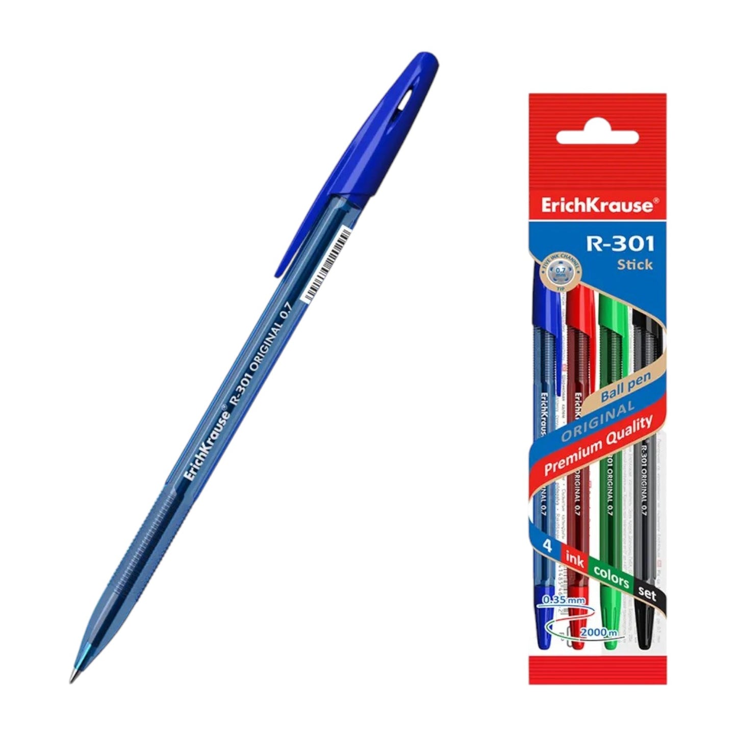 Erich Krause Ballpoint Pen Set - 4 Pieces (red, blue, black, green) - 0.7 mm Model R301 ORIGINAL