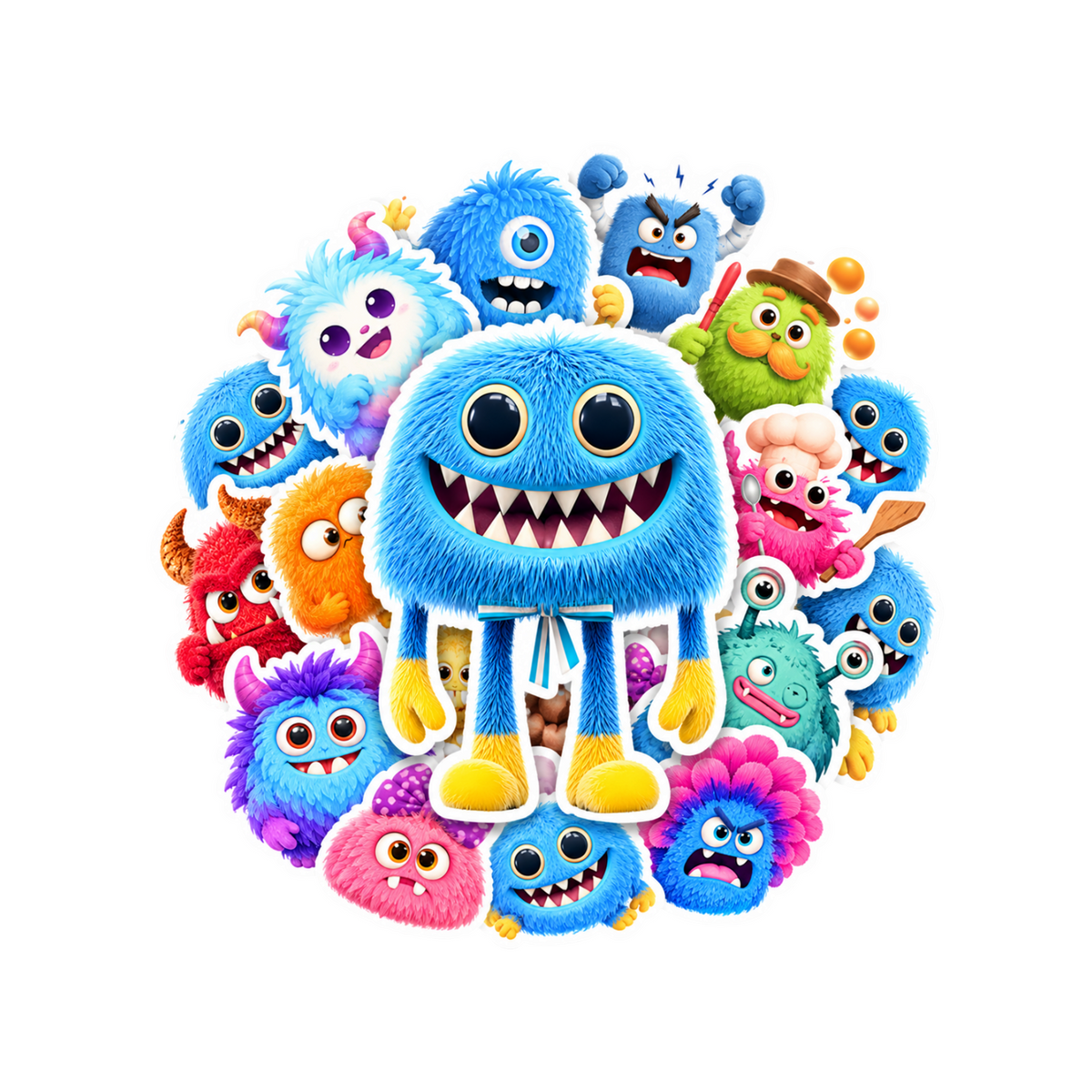 Elite Stationery House fuzzy monster stickers featuring colorful, cute, and expressive creatures in various patterns.