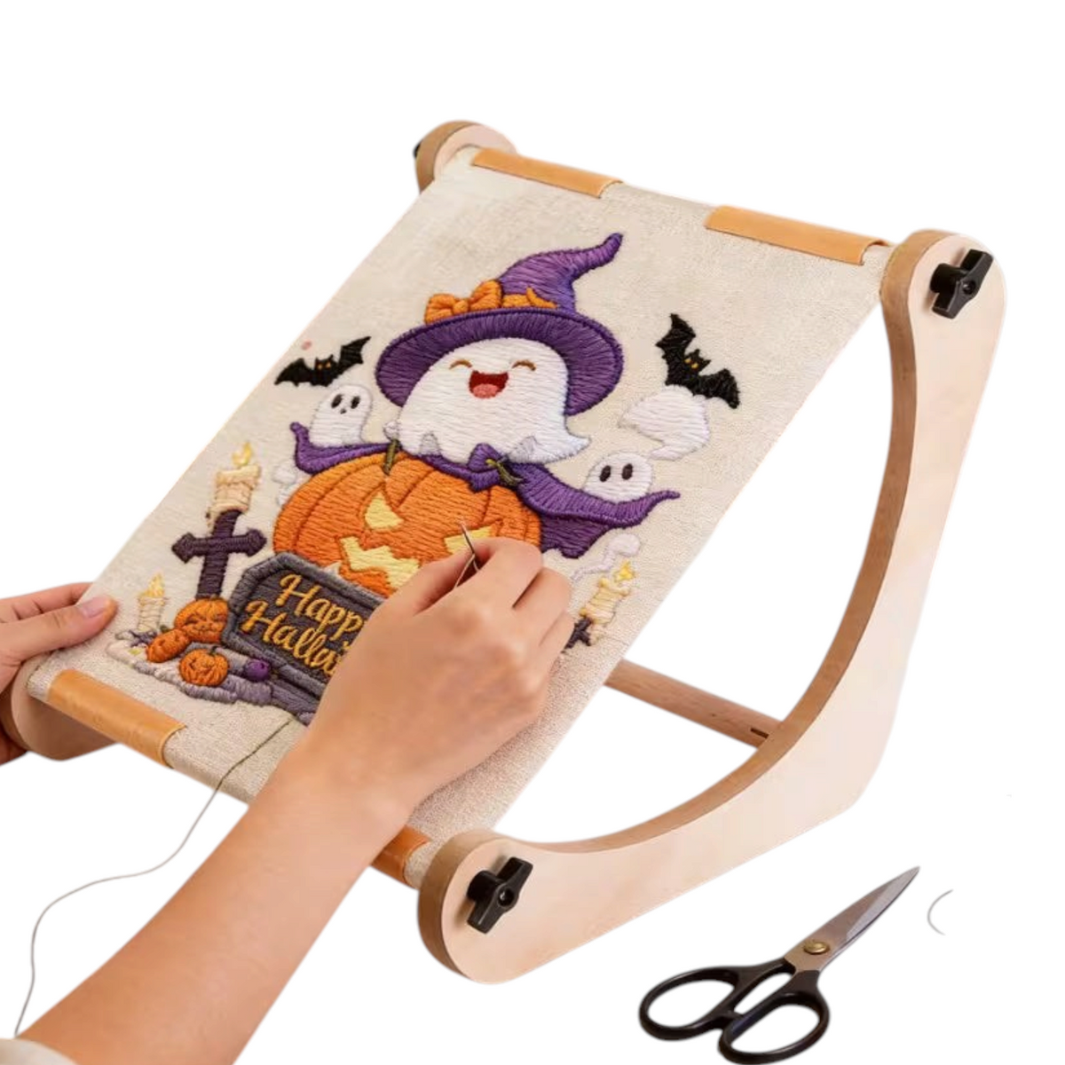 Elite Stationery House adjustable wooden embroidery stand holding a Halloween themed cross stitch project