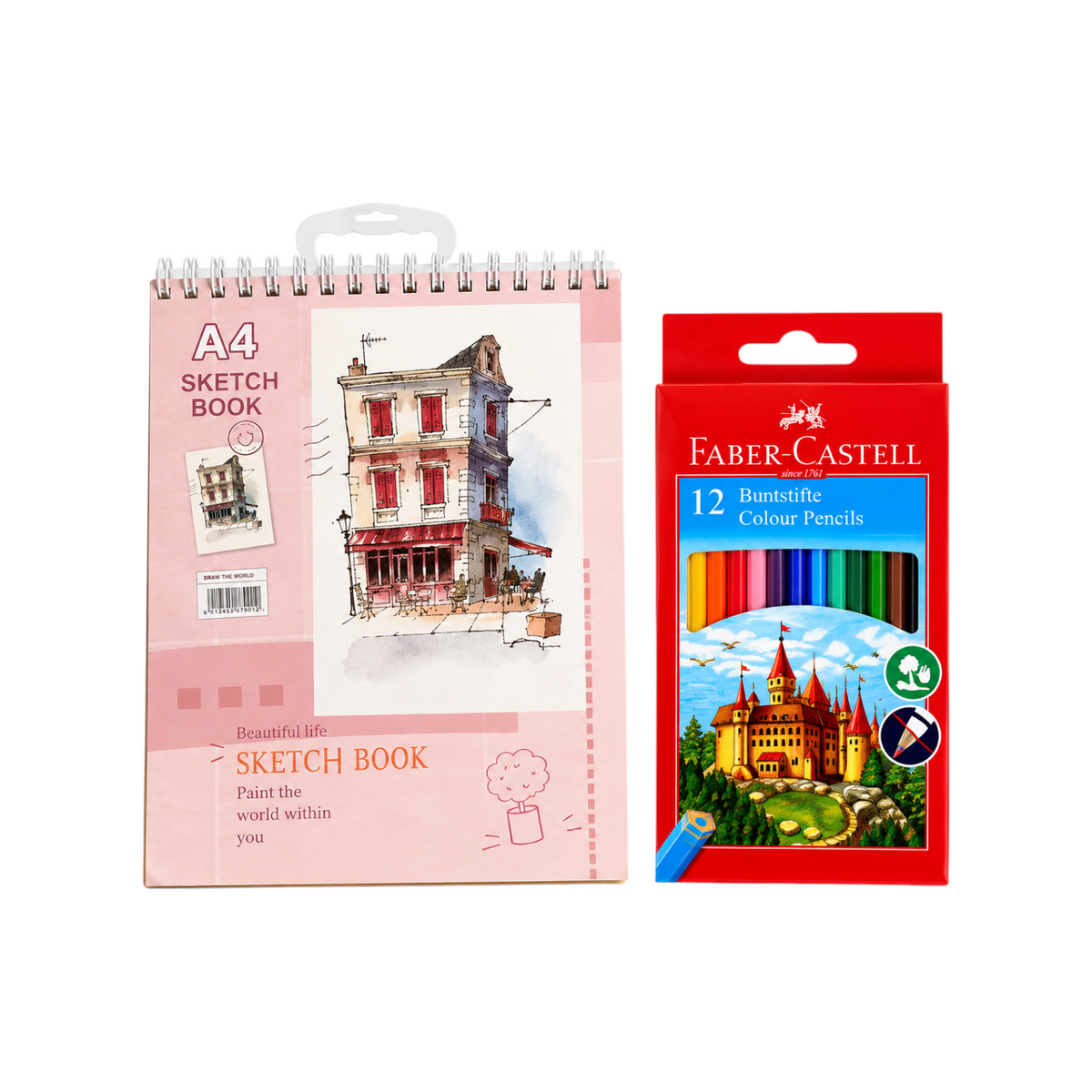 Elite Stationery House sketch and color set featuring an A4 spiral sketch book and 12 Faber-Castell color pencils.