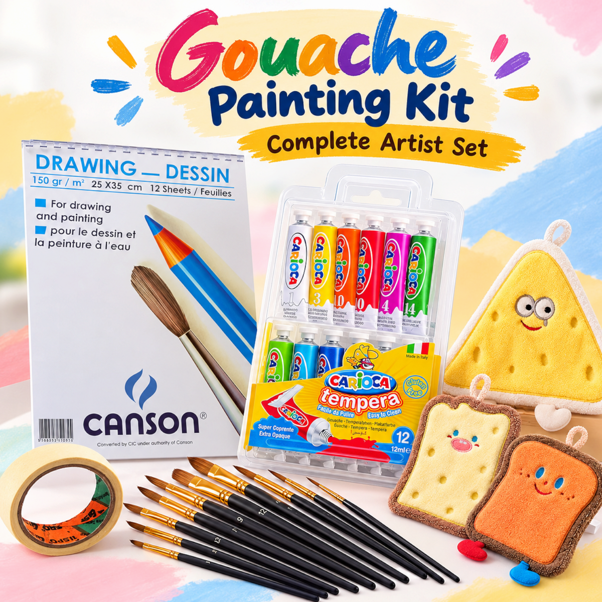 Elite Stationery House gouache painting kit featuring Canson sketchbook, Carioca paints, brushes, palette, and towels.