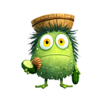 Elite Stationery House fuzzy green monster sticker with large yellow eyes holding a cucumber slice