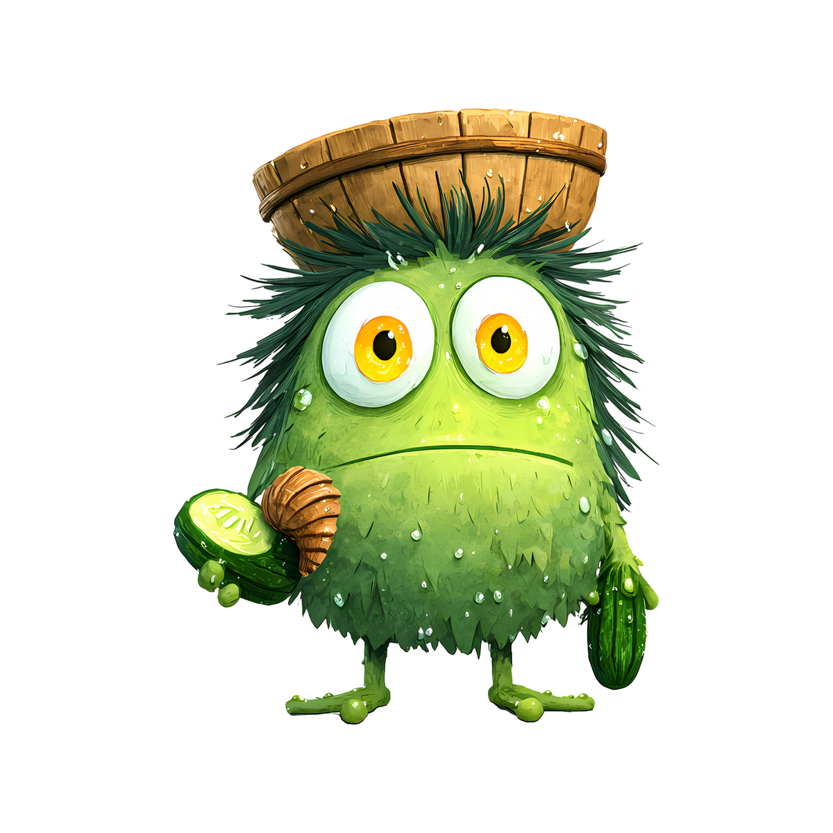 Elite Stationery House fuzzy green monster sticker with large yellow eyes holding a cucumber slice