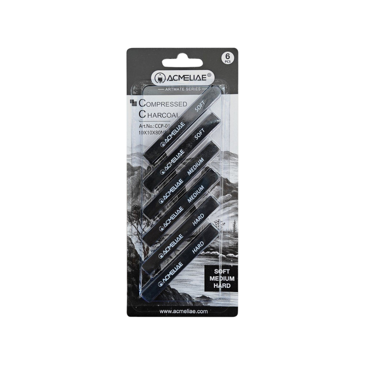 Elite Stationery House Acmeliae compressed charcoal sketch sticks in soft, medium, and hard grades, 6-piece set.
