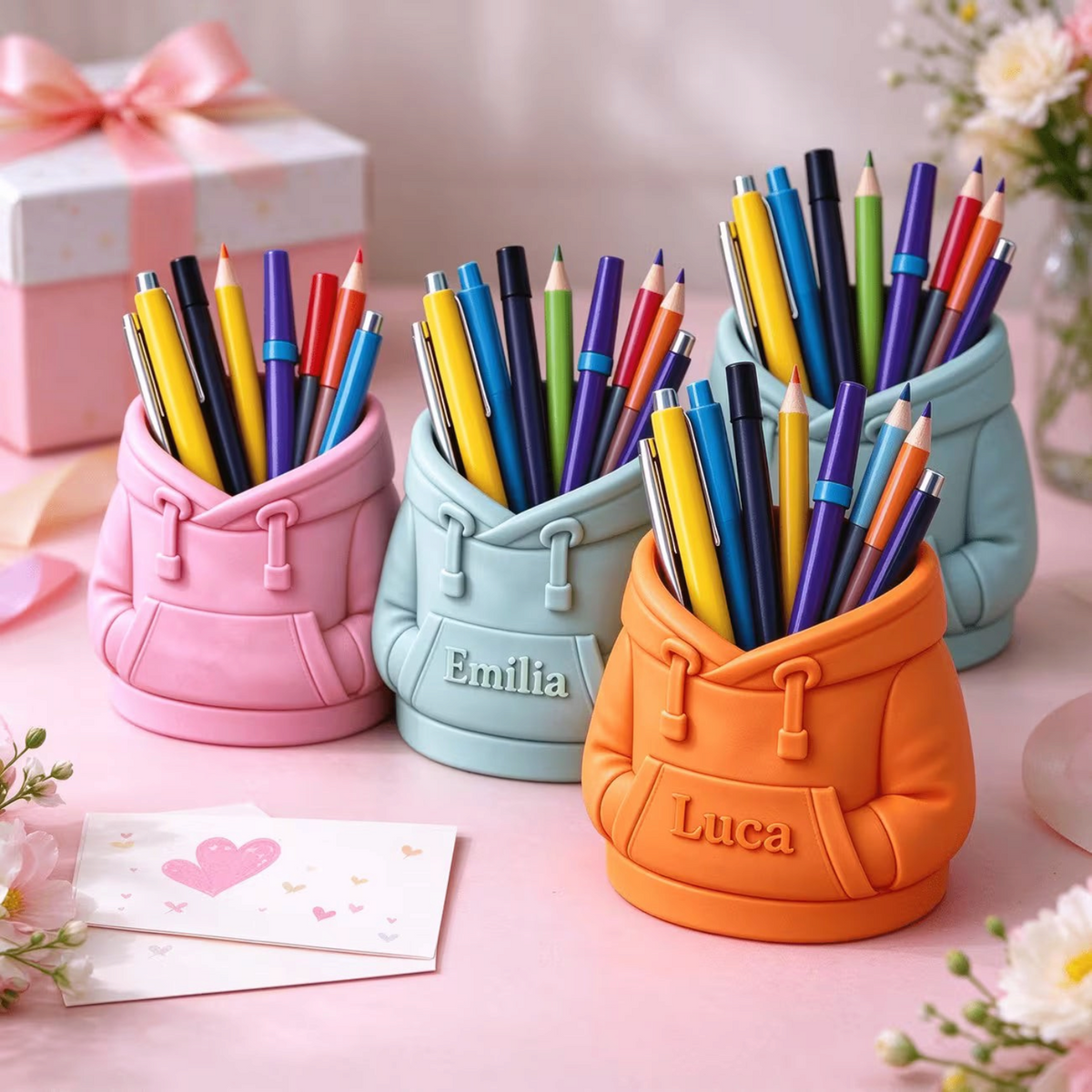 Elite Stationery House personalized hooded sweatshirt style pen holders in pink, light blue, and orange on a desk.