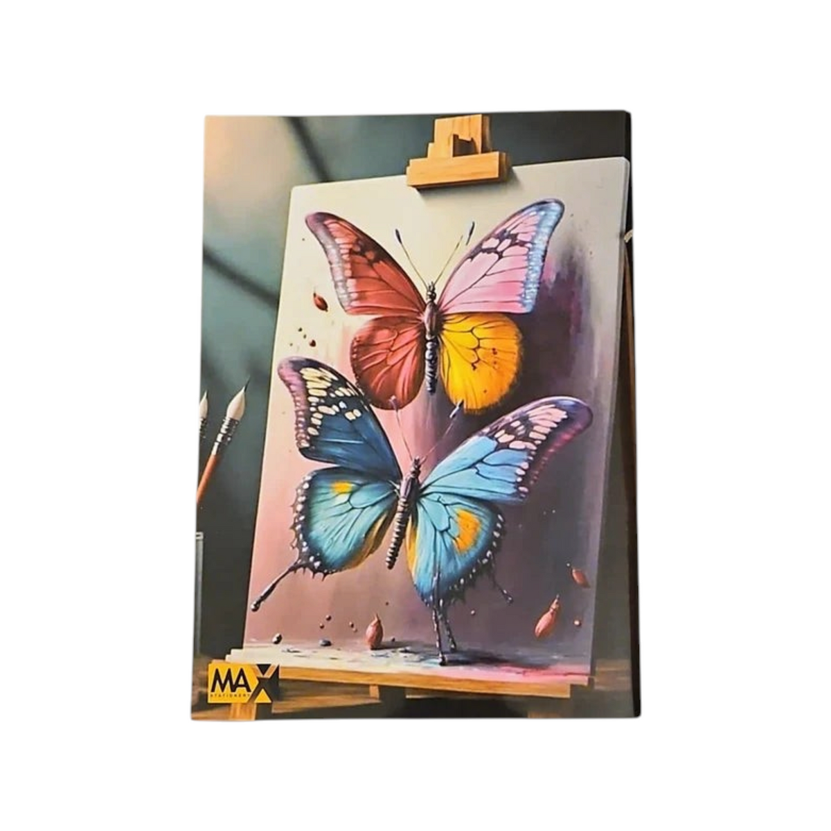 Elite Stationery House A4 stapled notebook featuring a vibrant butterfly painting on the cover with lined pages