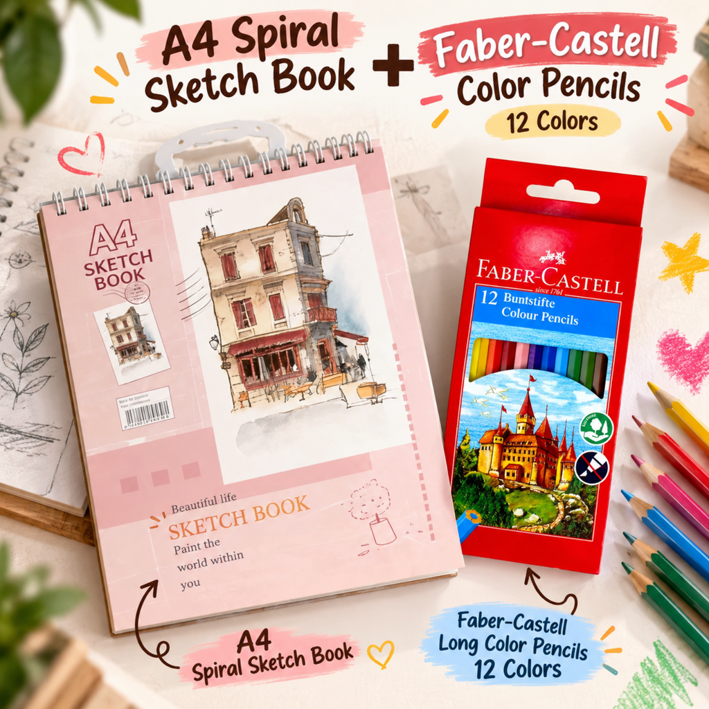 Elite Stationery House A4 spiral sketch book and 12-color Faber-Castell pencil set for beginner artists