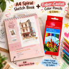 Elite Stationery House A4 spiral sketch book and 12-color Faber-Castell pencil set for beginner artists