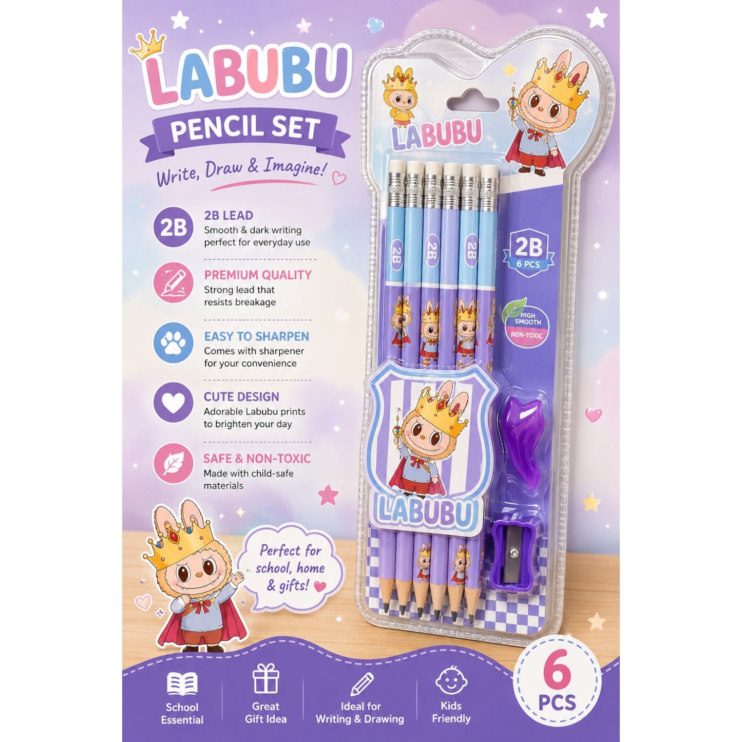 12 Pencils + Sharpener + Eraser Set 14 pcs